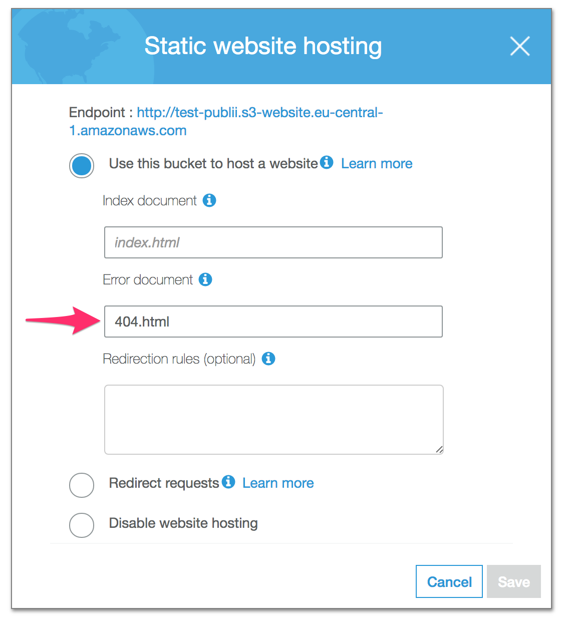 404 error page on Amazon S3
