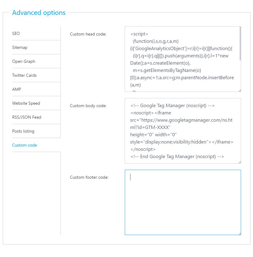 Publii paste custom code into body