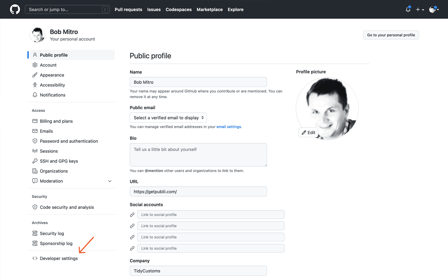 Github Developer Settings