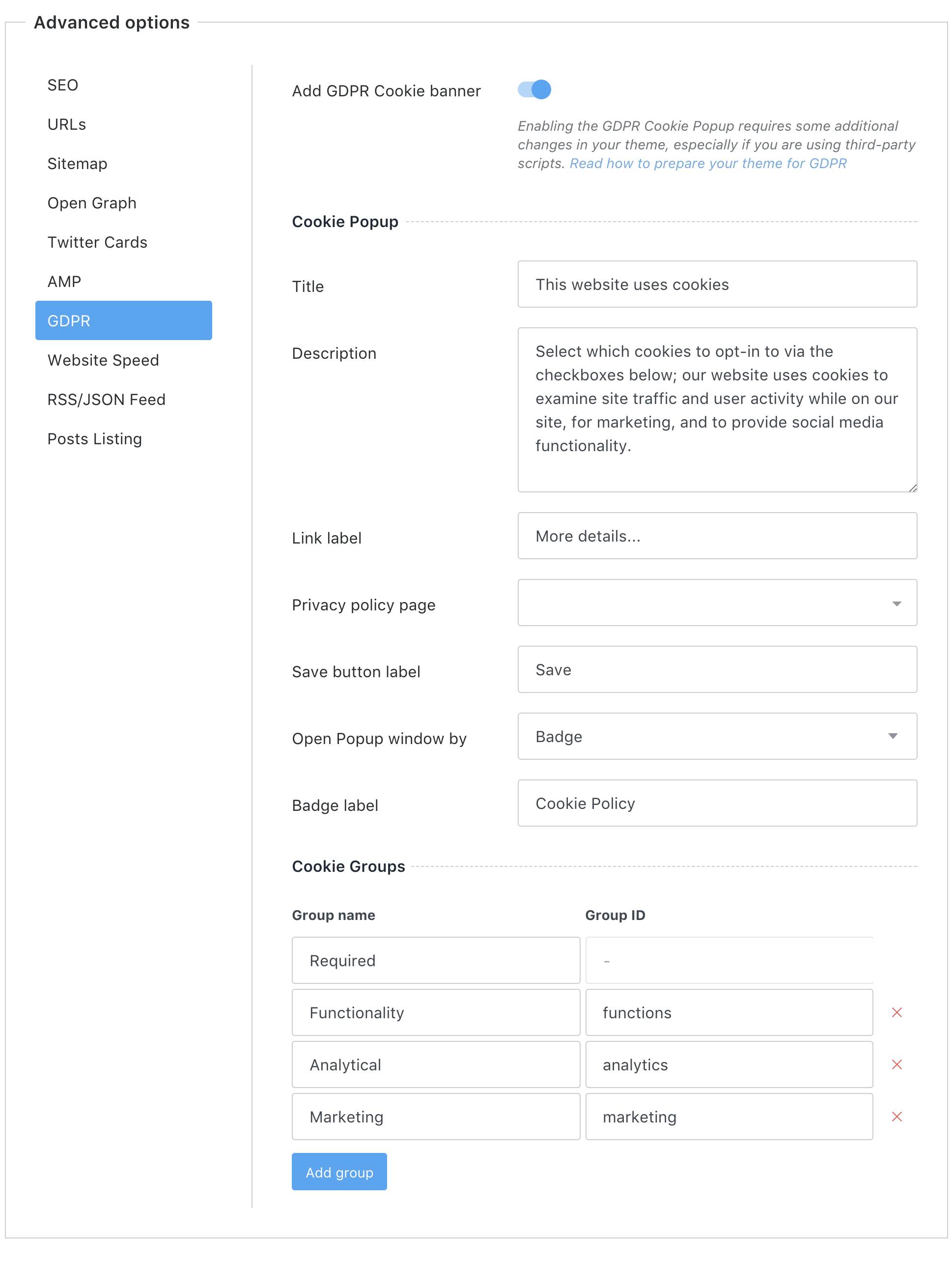 GDPR cookie popup settings