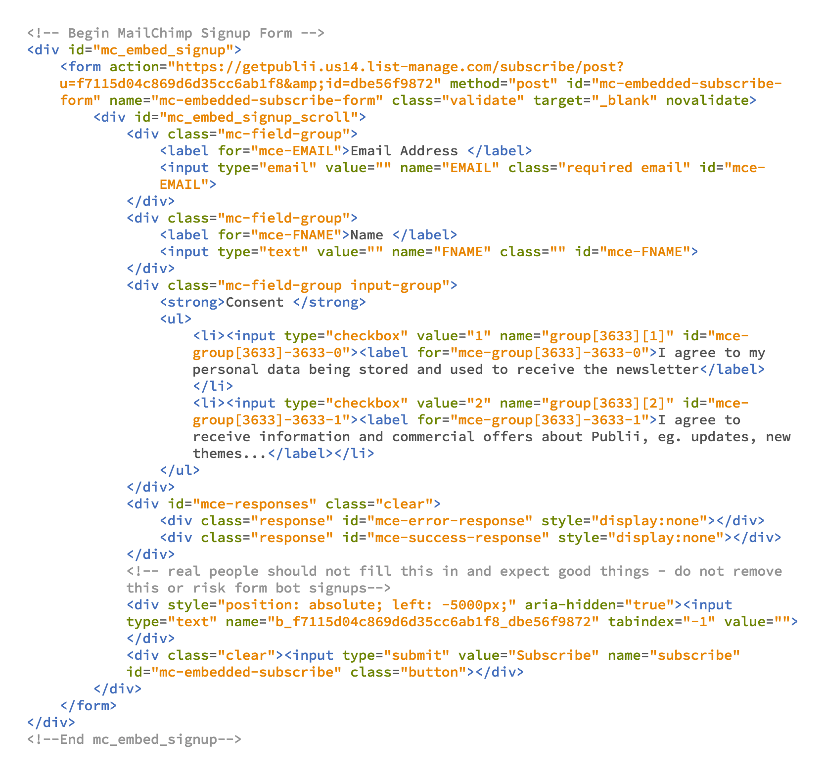 Newsletter code form