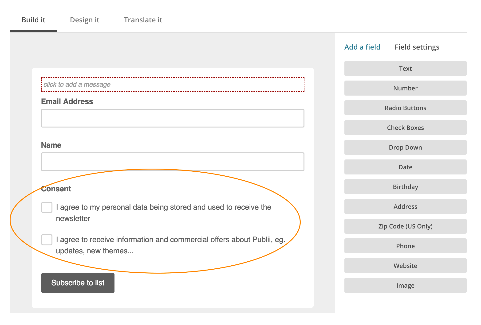 Form with checkboxes for the consent agreements