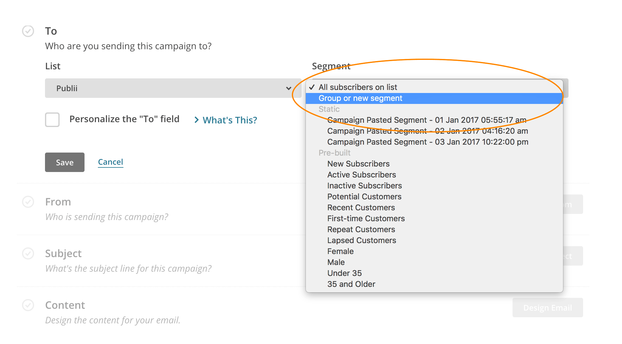 Newletter group or new segment selecion