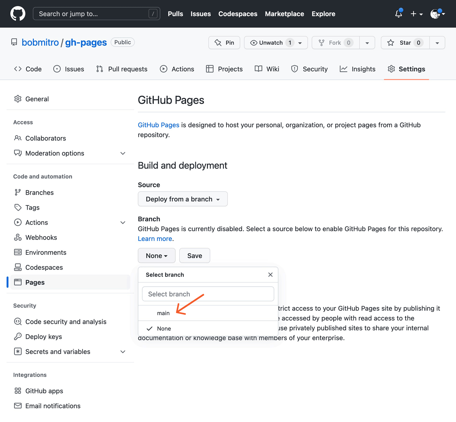 Github Pages Main Branch