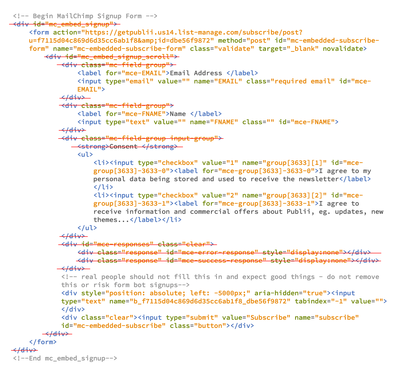 Removing unnecessary HTML elements from newsletter form