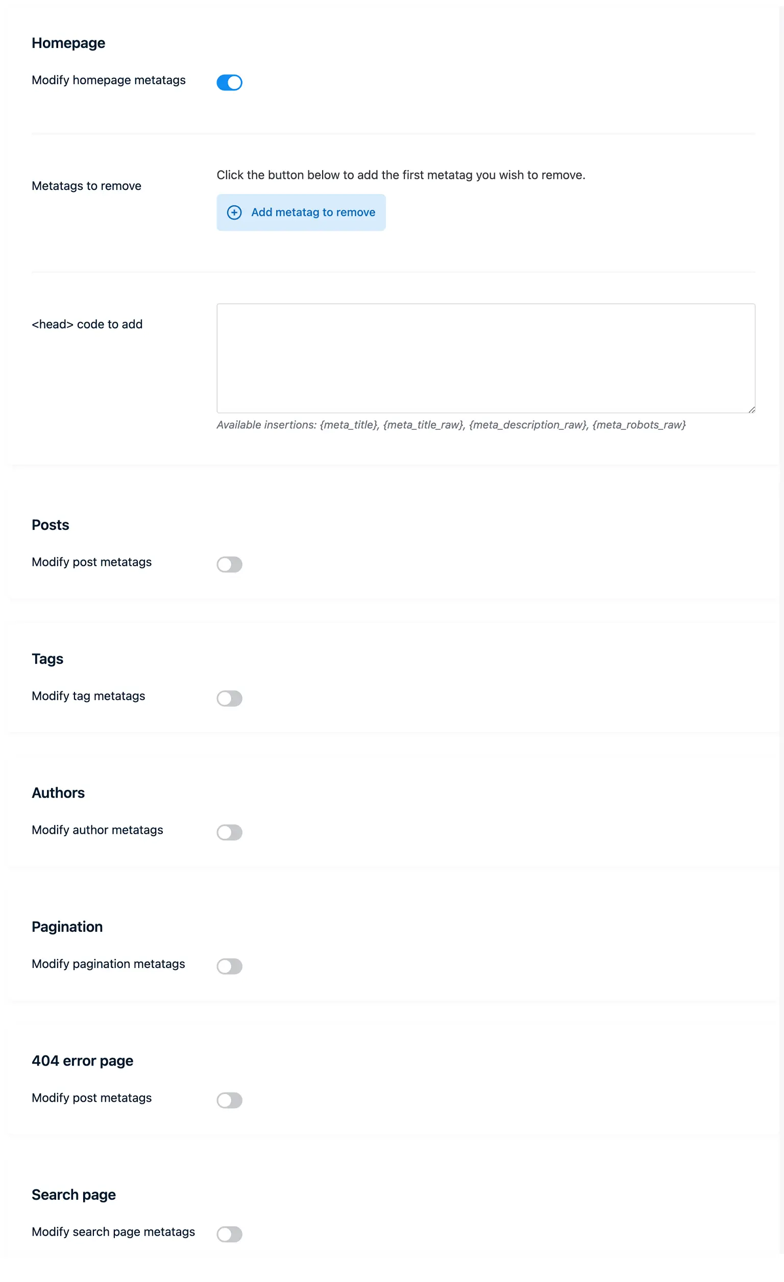 Per page metatags settings