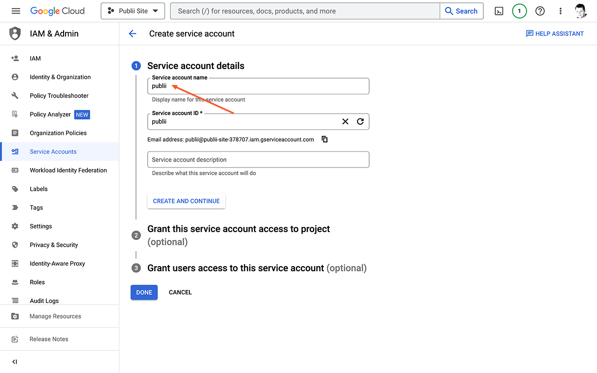 Service account management step 1
