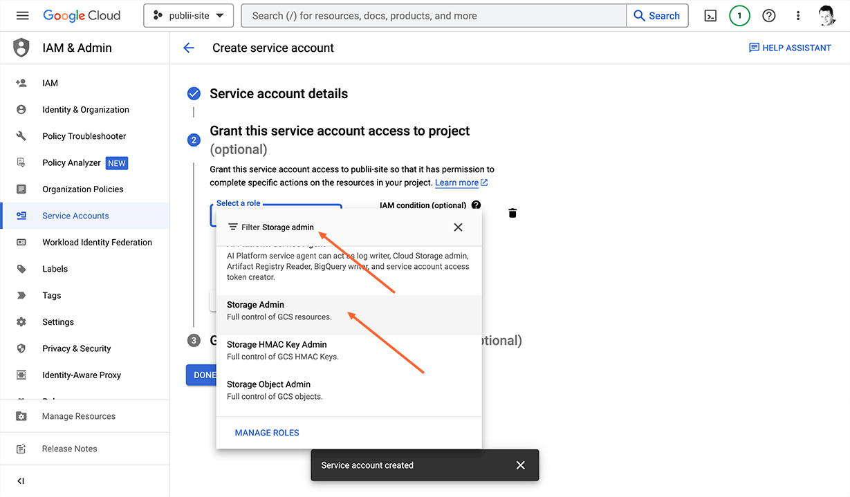 Service account management - step 2