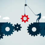 Artist's concept image of a person hoisting gears